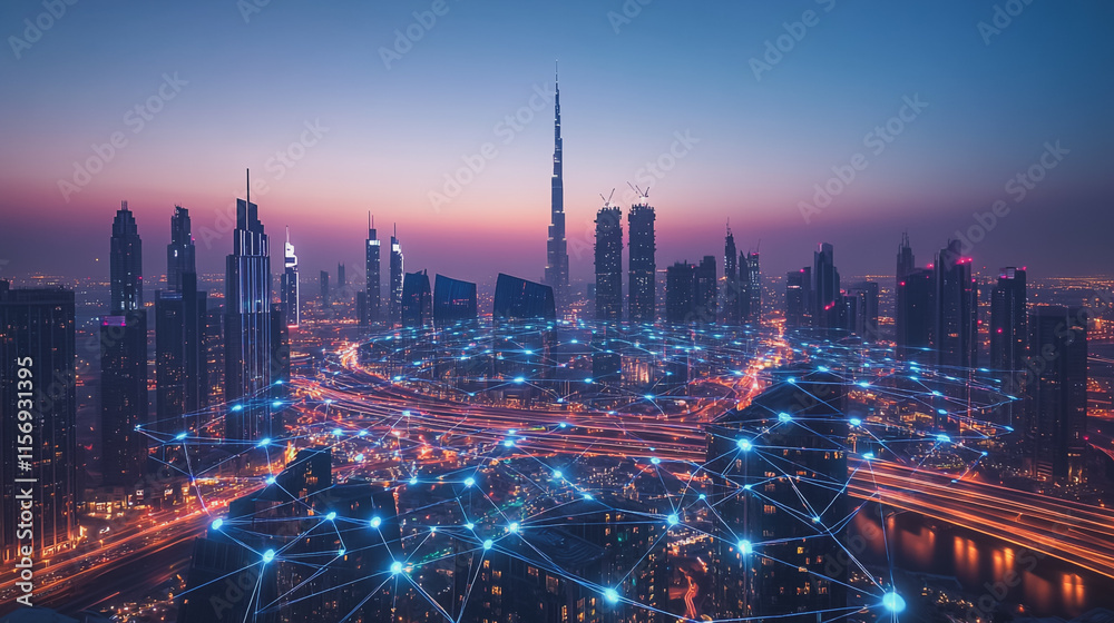 Fototapeta premium Smart digital Innovation city with connection network reciprocity over the cityscape. of future smart wireless digital city and social media networking systems that connects people with in city