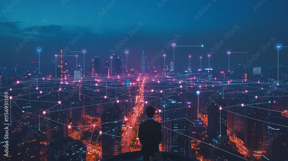 Obraz premium Smart digital Innovation city with connection network reciprocity over the cityscape. of future smart wireless digital city and social media networking systems that connects people with in city