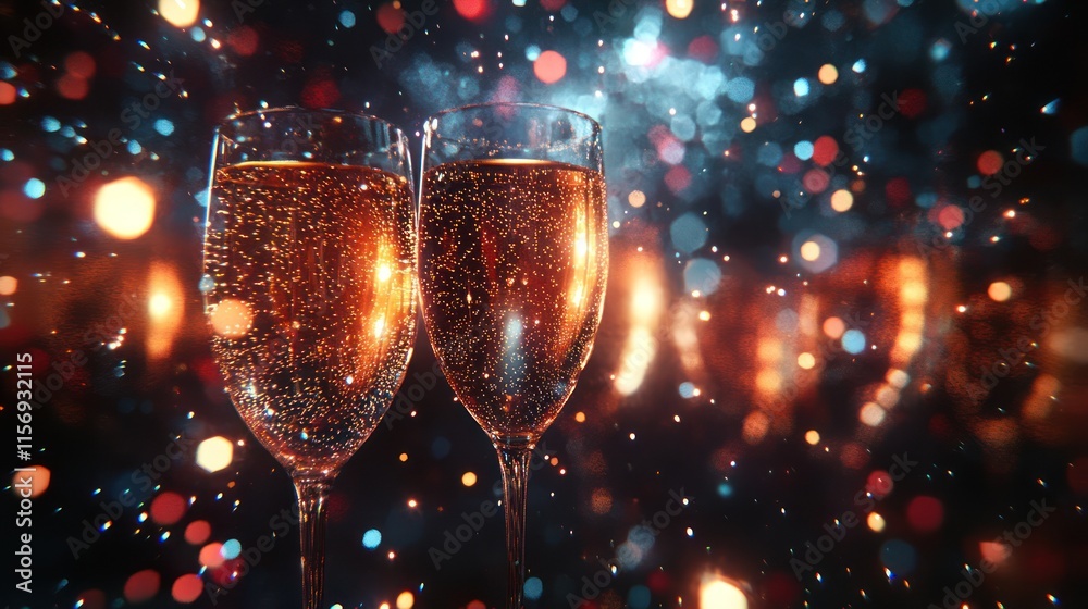 Two champagne flutes filled with sparkling wine against a bokeh background. Two champagne flutes filled with sparkling wine against a bokeh background.