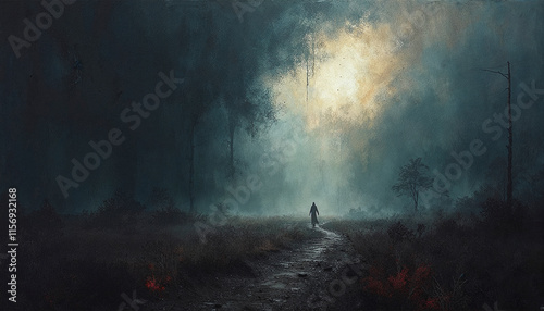 A man is walking in a forest at night. The sky is dark and the trees are tall. The man is alone and the atmosphere is eerie