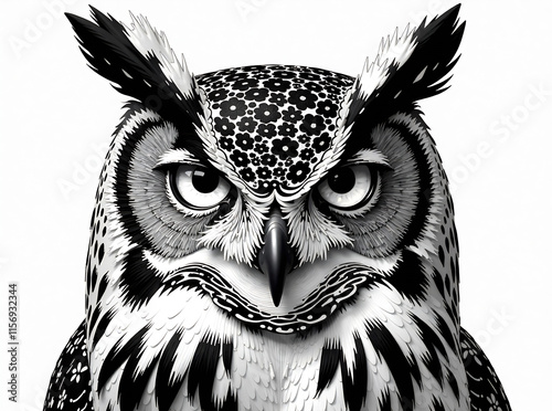 A detailed black and white illustration of an owl featuring intricate patterns, bold lines, and an intense stare, showcasing expressive artistic style and fine detailing. photo