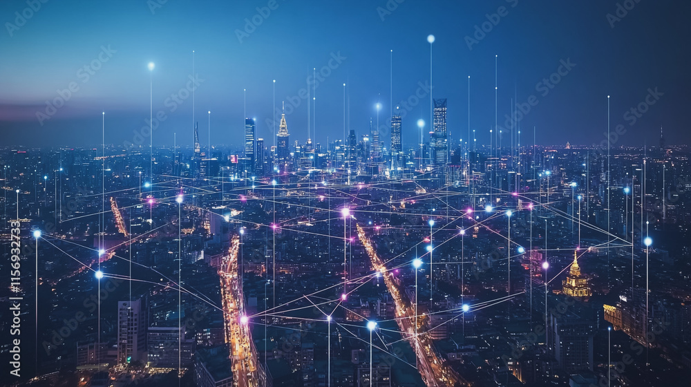 Fototapeta premium Smart digital Innovation city with connection network reciprocity over the cityscape. of future smart wireless digital city and social media networking systems that connects people with in city