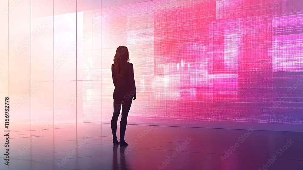 Fototapeta premium Woman silhouetted against a large, vibrant, abstract digital display.