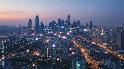 Wallpaper Mural Smart digital Innovation city with connection network reciprocity over the cityscape. of future smart wireless digital city and social media networking systems that connects people with in city Torontodigital.ca