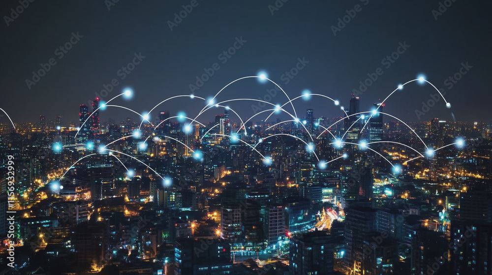 Obraz premium Smart digital Innovation city with connection network reciprocity over the cityscape. of future smart wireless digital city and social media networking systems that connects people with in city