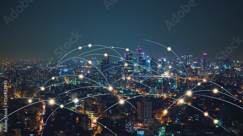 Wallpaper Mural Smart digital Innovation city with connection network reciprocity over the cityscape. of future smart wireless digital city and social media networking systems that connects people with in city Torontodigital.ca