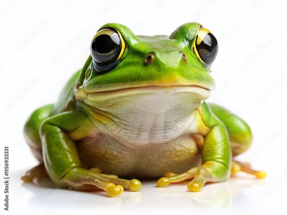 Obraz premium Green Frog Portrait, Amphibian, White Background, Wildlife Photography, Nature Stock Photo