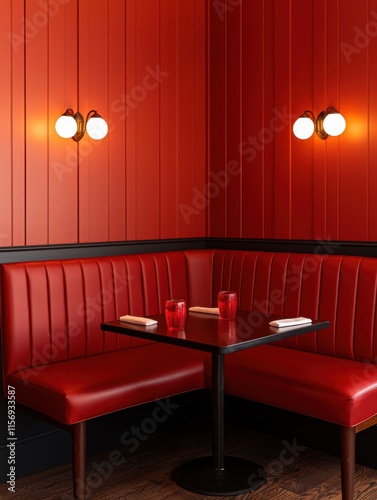valentine cafe decoration concept Cozy red restaurant corner with stylish lighting and plush seating.