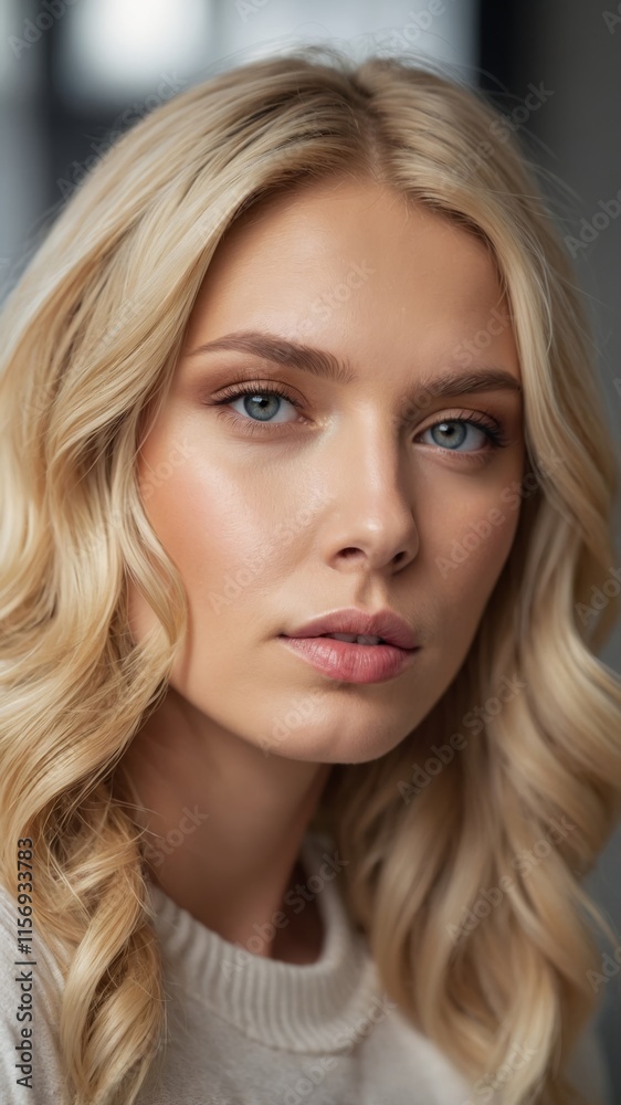 Expressive portrait of a young woman with wavy blonde hair and striking blue eyes Expressive portrait of a young woman with wavy blonde hair and striking blue eyes