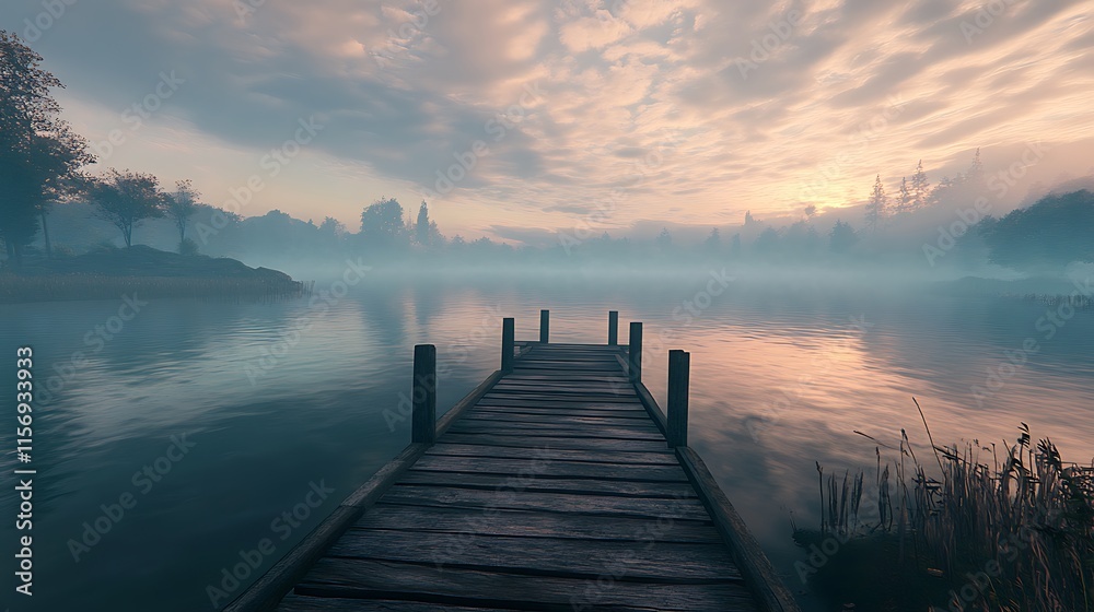 Fototapeta premium Tranquil wooden pier extending over a serene lake at sunrise, perfect for peaceful escapes.