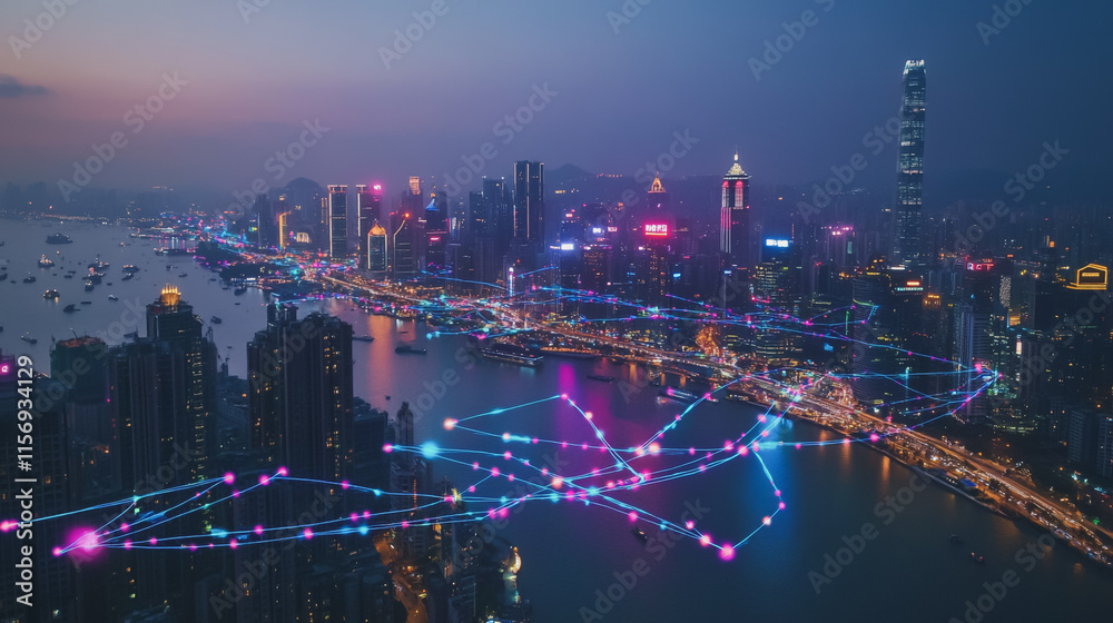 Fototapeta premium Smart digital Innovation city with connection network reciprocity over the cityscape. of future smart wireless digital city and social media networking systems that connects people with in city
