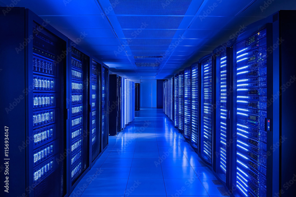 Fototapeta premium Server Racks and Cabinets full of Hard Drives inside Large Data Center. Advanced Cloud Computing Concept. 