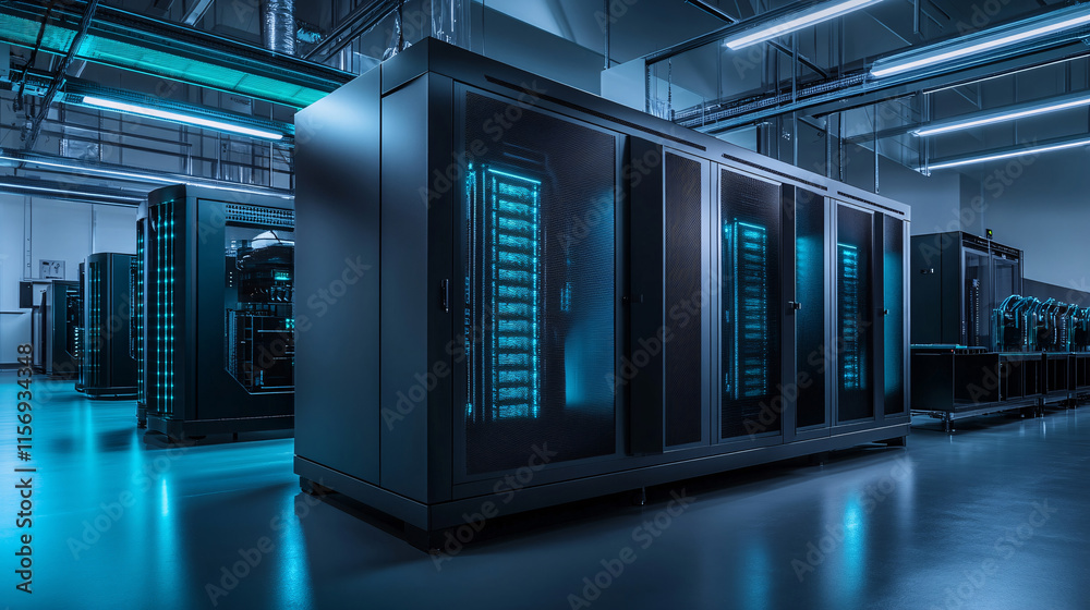 Fototapeta premium Server Racks and Cabinets full of Hard Drives inside Large Data Center. Advanced Cloud Computing Concept. 