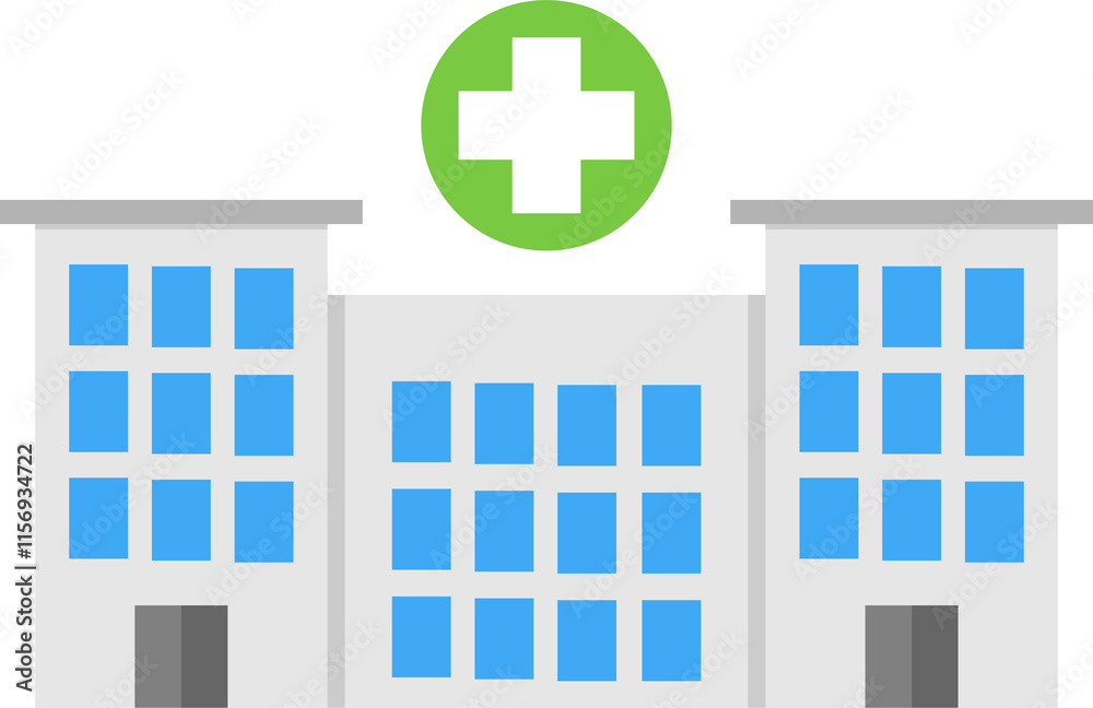 Obraz premium Stylized hospital building with three sections and blue square windows, central section taller and wider. Green circle with white cross above, symbolizing healthcare or medical facility. 