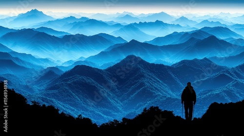 Solitary hiker silhouetted against vast, blue mountain range at dawn. photo