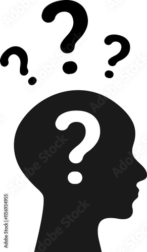 Silhouette of a human head in profile with three question marks above it, suggesting confusion, curiosity, or pondering.
