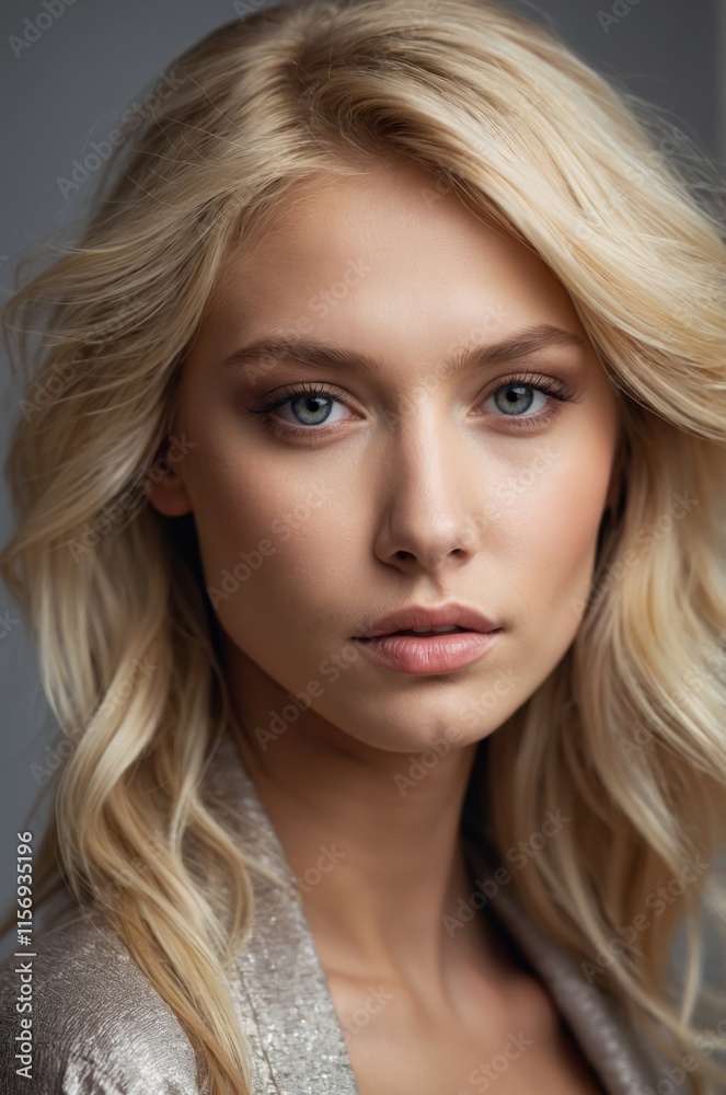 Portrait of a young woman with blonde hair and captivating blue eyes in soft lighting Portrait of a young woman with blonde hair and captivating blue eyes in soft lighting