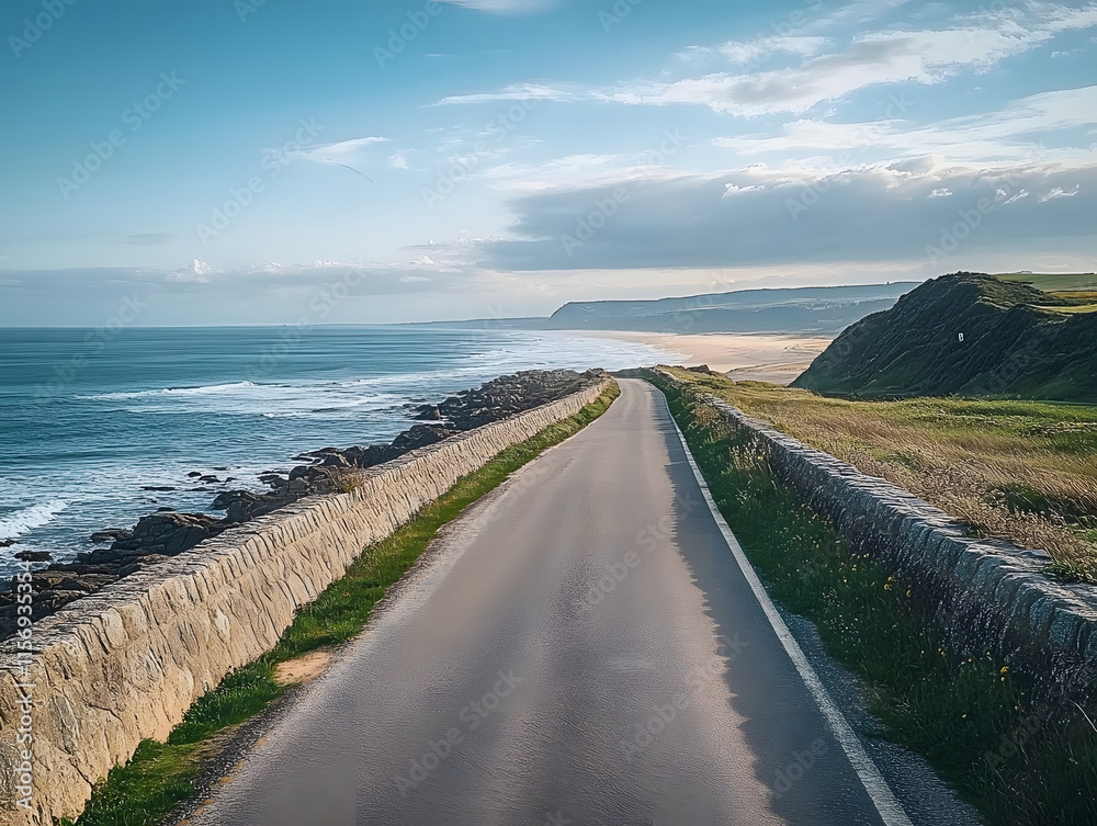 A vacant road extends along the coastline, disappearing into the horizon A vacant road extends along the coastline, disappearing into the horizon