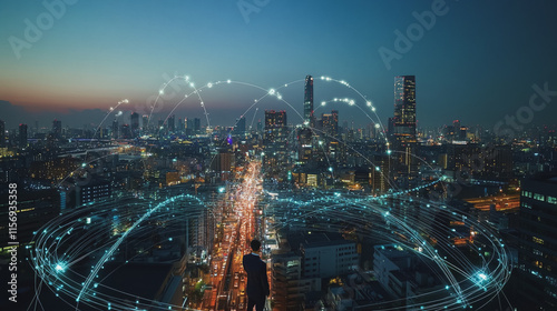 Wallpaper Mural Smart digital Innovation city with connection network reciprocity over the cityscape. of future smart wireless digital city and social media networking systems that connects people with in city Torontodigital.ca