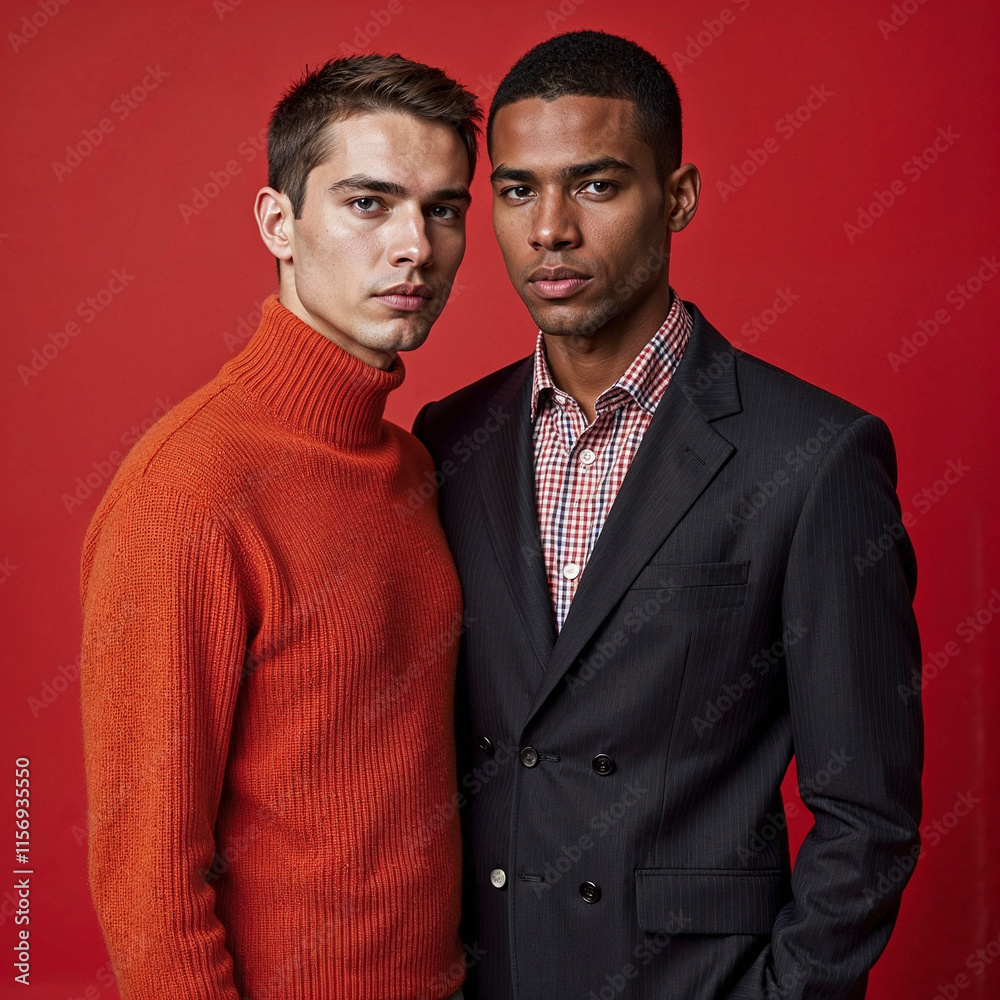 Two men are standing next to each other, one wearing a red sweater and the other wearing a black suit. The image has a bold and confident mood, with the men posing for the camera in a striking pose Two men are standing next to each other, one wearing a red sweater and the other wearing a black suit. The image has a bold and confident mood, with the men posing for the camera in a striking pose