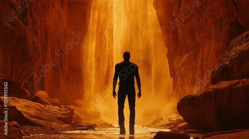 Silhouette of man standing before a glowing waterfall in a canyon. photo