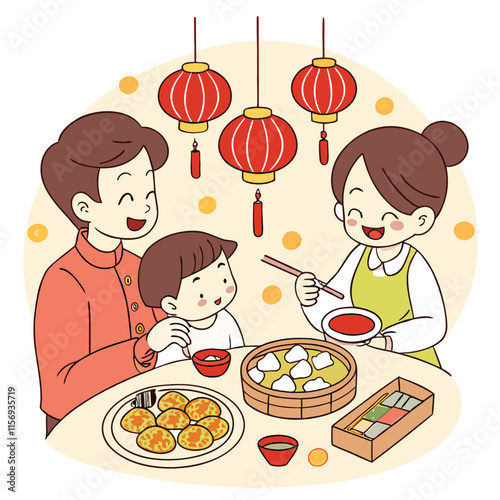 Family Celebrating Chinese New Year in Traditional Style photo