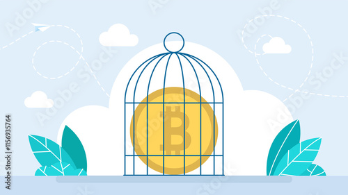 	
Bitcoin Ban. Arrest bills. Cartoon bitcoin in prison. Accounts are seized. Prohibition of trade in bitcoins. Cryptocurrency regulation, government try to control crypto. Flat illustration