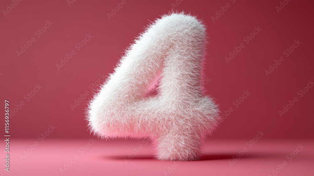 A cute white number 4 shaped like soft fur with short hair, floating in the air against a pink background. A cute white number 4 shaped like soft fur with short hair, floating in the air against a pink background.