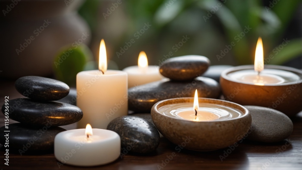 Calm atmosphere created by candles and stones on a serene wooden surface Calm atmosphere created by candles and stones on a serene wooden surface