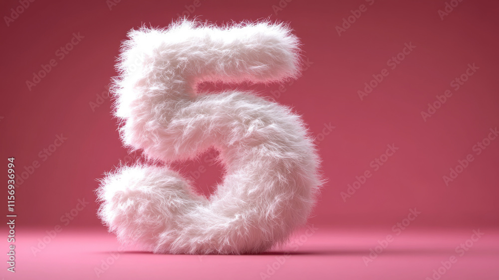 A cute white number 5 shaped like soft fur, with short hair, floating in the air against a pink background. A cute white number 5 shaped like soft fur, with short hair, floating in the air against a pink background.