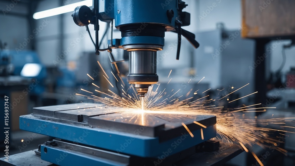 Machining process creates sparks inside an industrial workshop during daytime Machining process creates sparks inside an industrial workshop during daytime