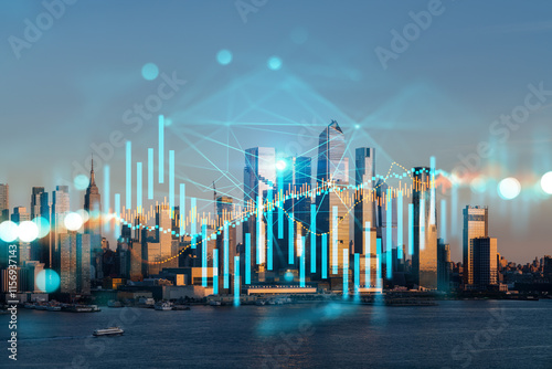 Skyscrapers Cityscape Downtown View, New York Skyline Buildings. Beautiful Real Estate. Sunset. Forex Financial graph and chart hologram. Business education concept.