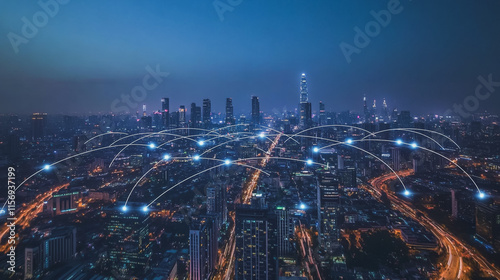 Wallpaper Mural Smart digital Innovation city with connection network reciprocity over the cityscape. of future smart wireless digital city and social media networking systems that connects people with in city Torontodigital.ca