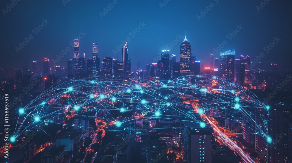 Fototapeta premium Smart digital Innovation city with connection network reciprocity over the cityscape. of future smart wireless digital city and social media networking systems that connects people with in city
