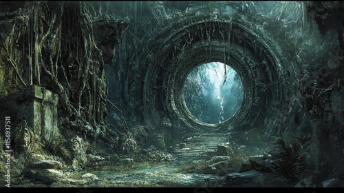 Fototapeta Naklejka Na Ścianę i Meble -  Overgrown Circular Gateway in a Mysterious Forest