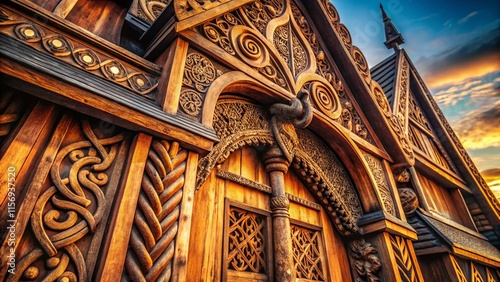 Heddal Stave Church Norway: Intricate Wood Carvings Macro Photography photo