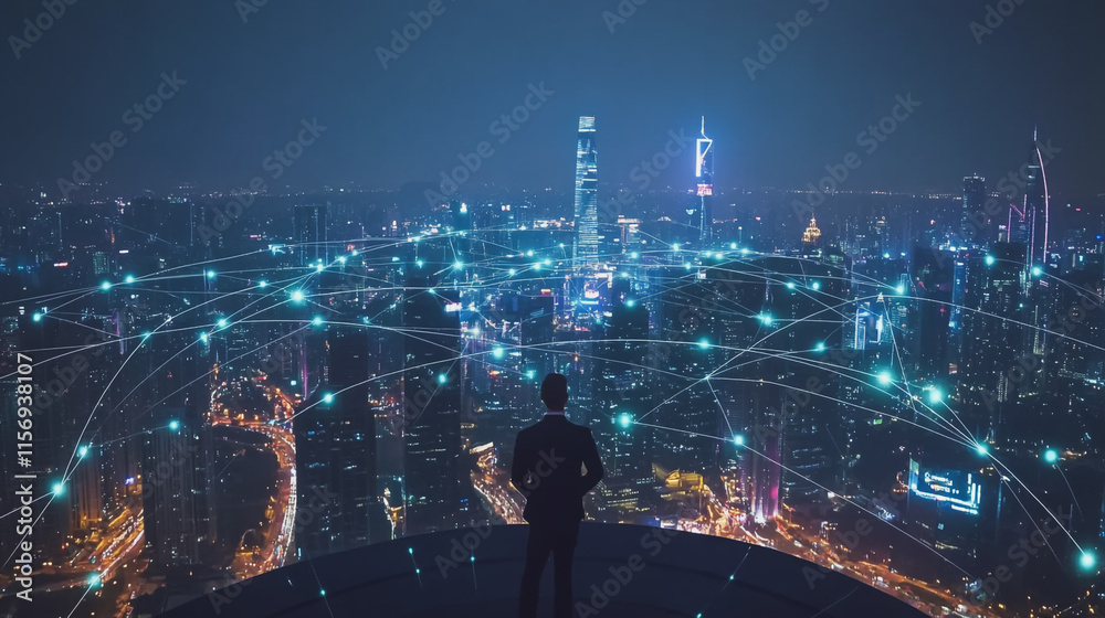 Fototapeta premium Smart digital Innovation city with connection network reciprocity over the cityscape. of future smart wireless digital city and social media networking systems that connects people with in city