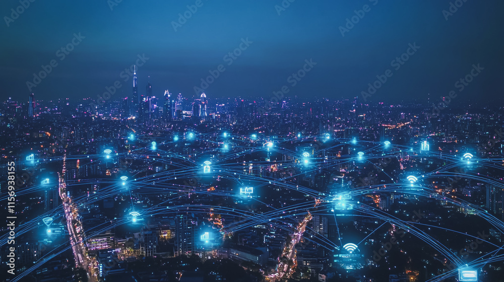 Obraz premium Smart digital Innovation city with connection network reciprocity over the cityscape. of future smart wireless digital city and social media networking systems that connects people with in city