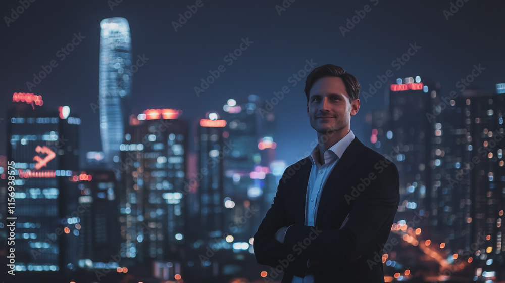 Abstract business man stands on the peak of success amid tall, innovative Smart city and graphs with statistics to analyze business potential and predict future developments in company growth. Abstract business man stands on the peak of success amid tall, innovative Smart city and graphs with statistics to analyze business potential and predict future developments in company growth.