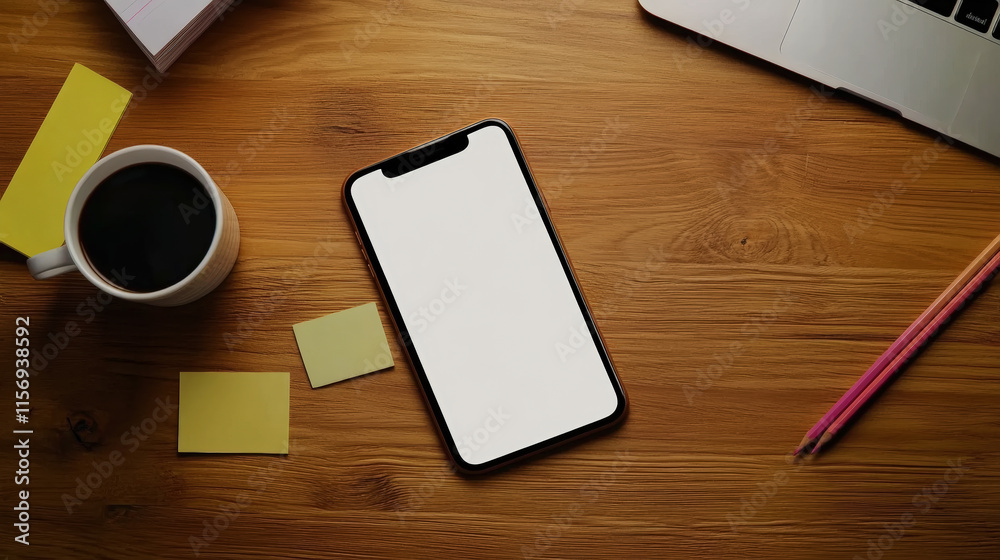 Flat lay of office stationery with smartphone with a blank screen for copy space. Business concept. Generative AI Flat lay of office stationery with smartphone with a blank screen for copy space. Business concept. Generative AI