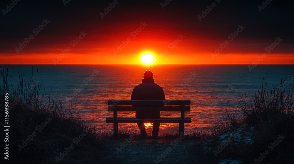 Solitary figure silhouetted against a vibrant sunrise over a calm ocean, seated on a park bench.
