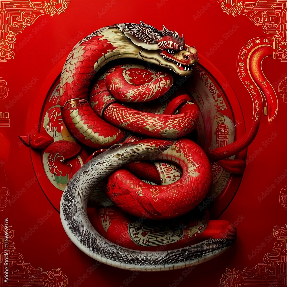Obraz premium Chinese lunar new year snake in traditional design style on red background with an ornament