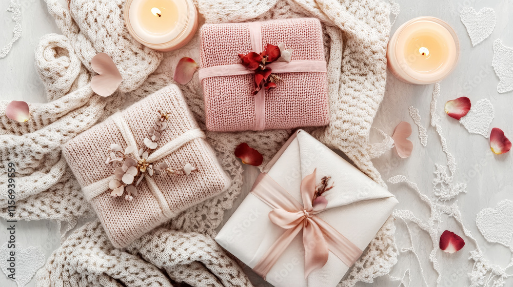 Elegantly wrapped gifts in soft cashmere scarves with silk ribbons. Cozy Valentine's Day card design. Generative AI Elegantly wrapped gifts in soft cashmere scarves with silk ribbons. Cozy Valentine's Day card design. Generative AI