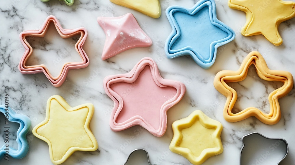 Cookie cutters and pastel-colored dough, arranged creatively on a marble countertop Cookie cutters and pastel-colored dough, arranged creatively on a marble countertop