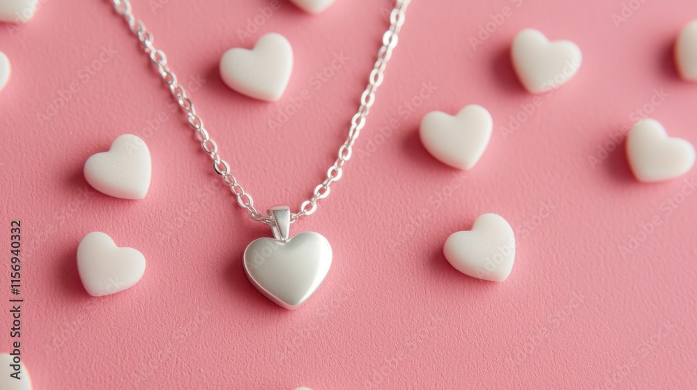 Fototapeta premium valentine jewelry concept Heart-shaped necklace on a pink background surrounded by small white hearts.