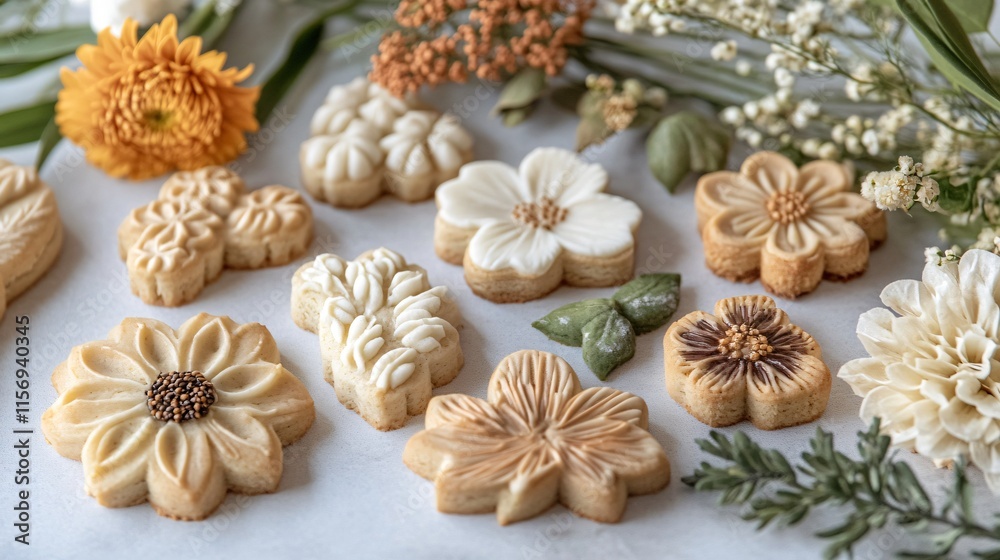Fototapeta premium Cookie cutters in floral and botanical shapes, paired with cookies featuring natural, earthy tones