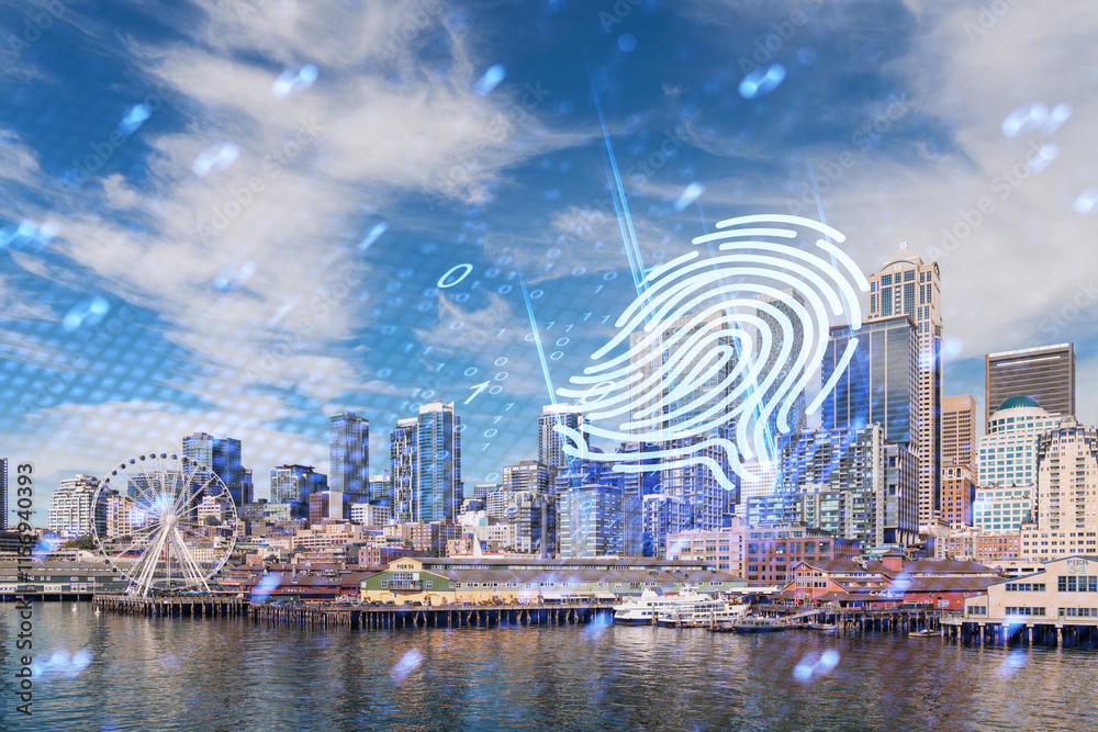 Naklejka premium Seattle cityscape with hologram fingerprint overlay. Digital, cyber security concept on an urban background with clear sky. Double exposure