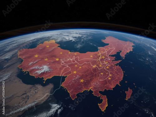 Vista espacial de china con rutas de vuelo
