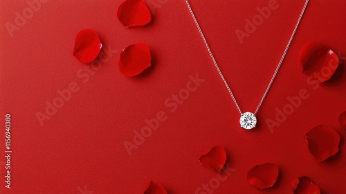 valentine jewelry concept Elegant necklace with a sparkling pendant on a red background adorned with rose petals.