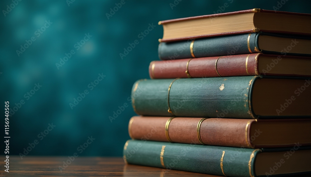 Antique books with leather covers and gold detailing on teal background. Antique books with leather covers and gold detailing on teal background.